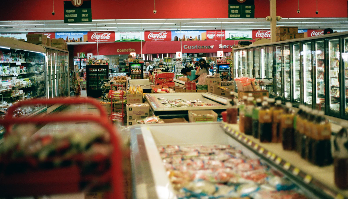 Grocery-store shelves filled with food and everyday products