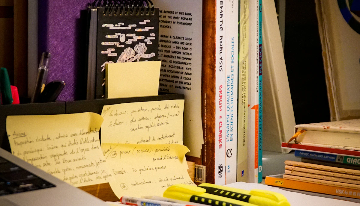 A study desk with books and handwritten research notes